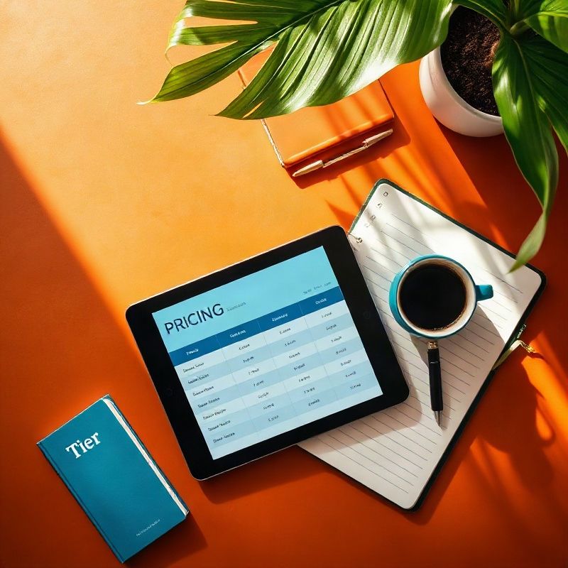 Flat lay of a tablet showing a pricing table with a notebook and coffee on a terracotta surface