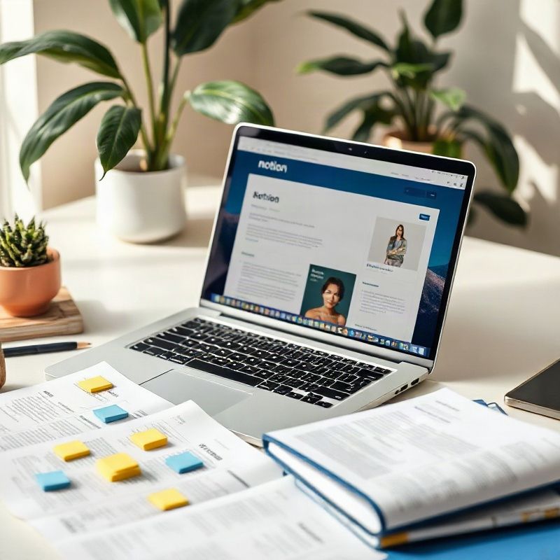 Structured Notion workspace on a laptop surrounded by editorial briefs on a clean desk