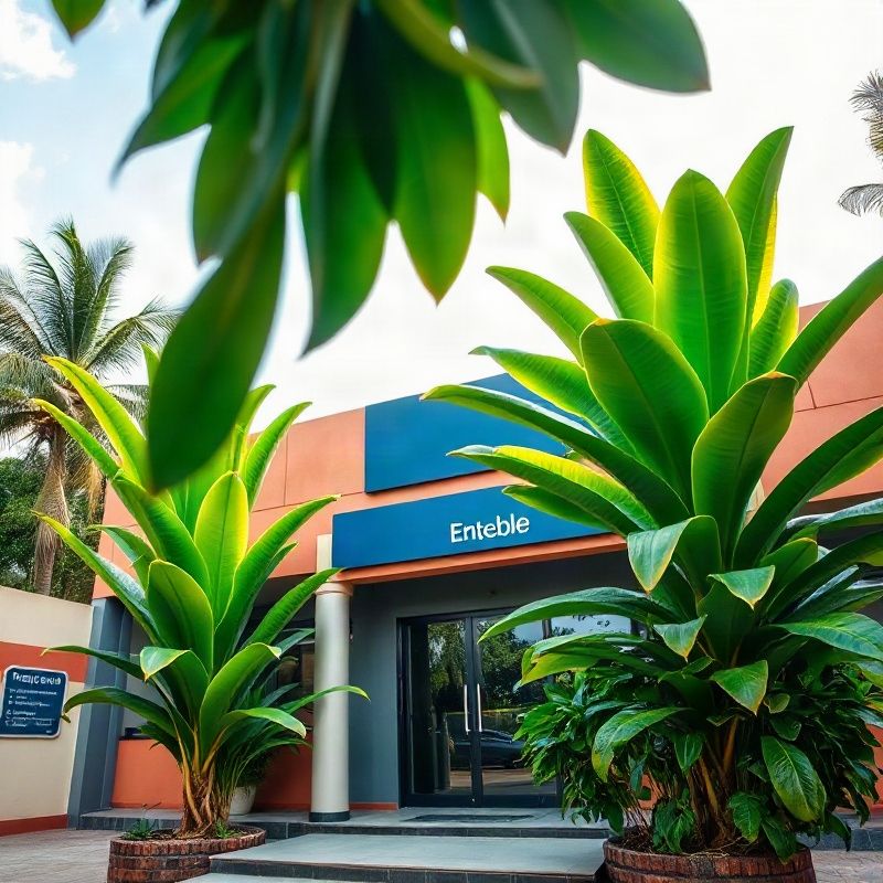 Modern low-rise Entebbe office building with Deltaqalpha signage and tropical foliage